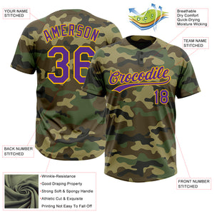 Custom Camo Purple-Gold Salute To Service Two-Button Unisex Softball Jersey