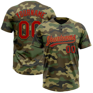 Custom Camo Red Old Gold-Navy Salute To Service Two-Button Unisex Softball Jersey