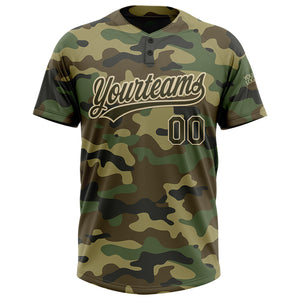 Custom Camo Olive-Cream Salute To Service Two-Button Unisex Softball Jersey