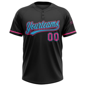 Custom Black Pink-Sky Blue Two-Button Unisex Softball Jersey