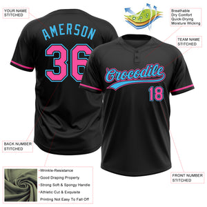 Custom Black Pink-Sky Blue Two-Button Unisex Softball Jersey