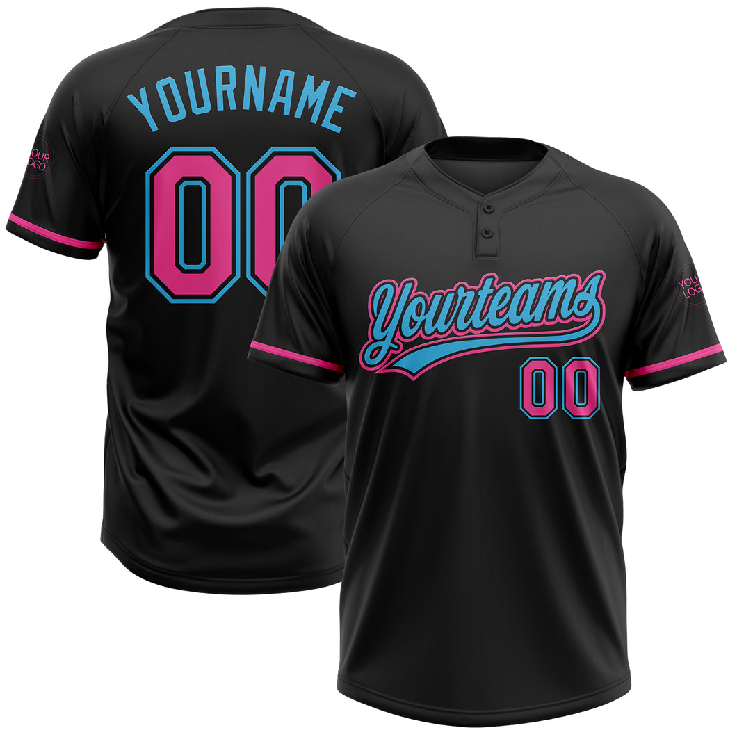 Custom Black Pink-Sky Blue Two-Button Unisex Softball Jersey