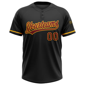 Custom Black Maroon-Gold Two-Button Unisex Softball Jersey