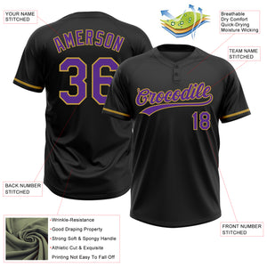 Custom Black Purple-Old Gold Two-Button Unisex Softball Jersey