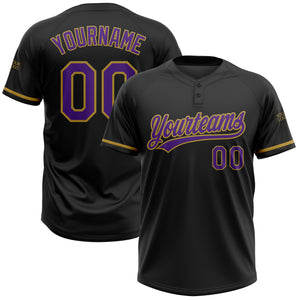 Custom Black Purple-Old Gold Two-Button Unisex Softball Jersey