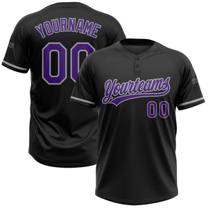 Custom Black Purple-Gray Two-Button Unisex Softball Jersey