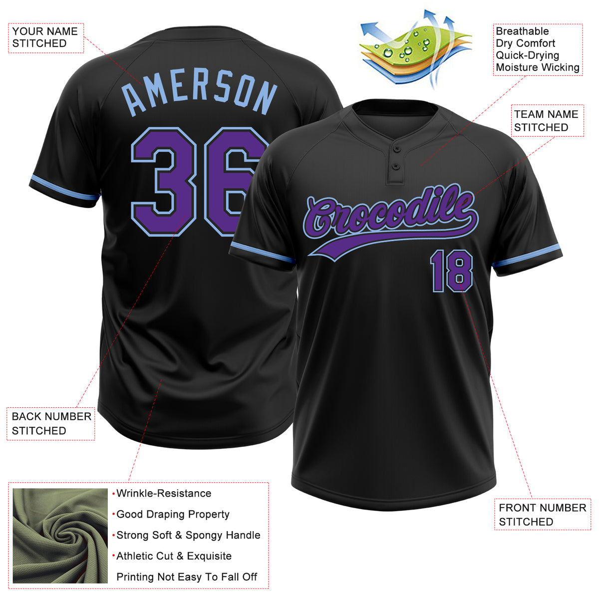 2024 Cheap Custom Black Purple-Light Blue Two-Button Unisex Softball ...