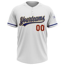 Загрузить изображение в средство просмотра галереи, Custom White Royal Red-Old Gold Two-Button Unisex Softball Jersey
