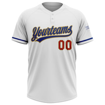 Custom White Royal Red-Old Gold Two-Button Unisex Softball Jersey