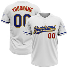 Load image into Gallery viewer, Custom White Royal Red-Old Gold Two-Button Unisex Softball Jersey
