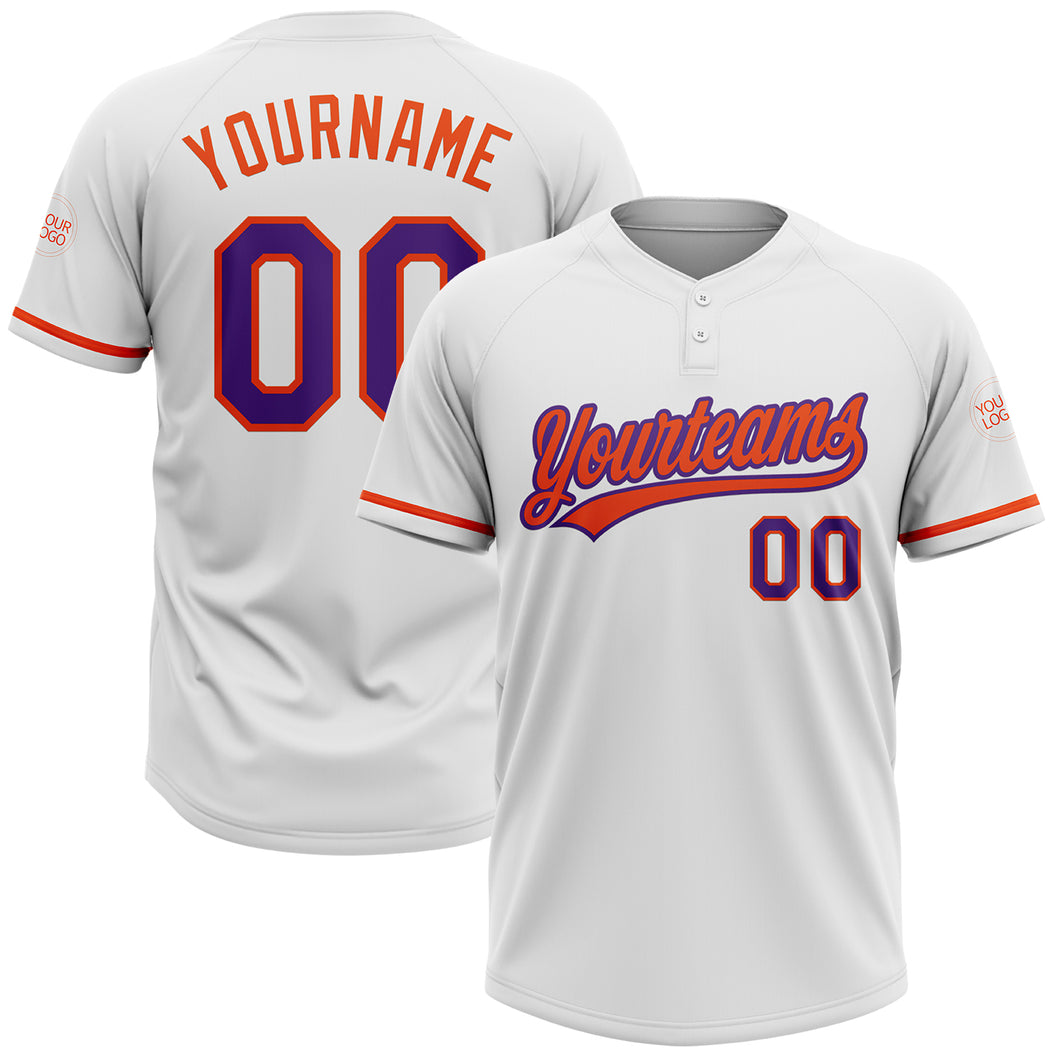 Custom White Purple-Orange Two-Button Unisex Softball Jersey