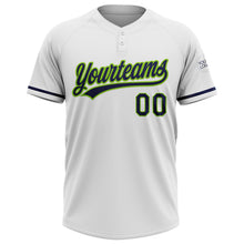 Load image into Gallery viewer, Custom White Navy-Neon Green Two-Button Unisex Softball Jersey
