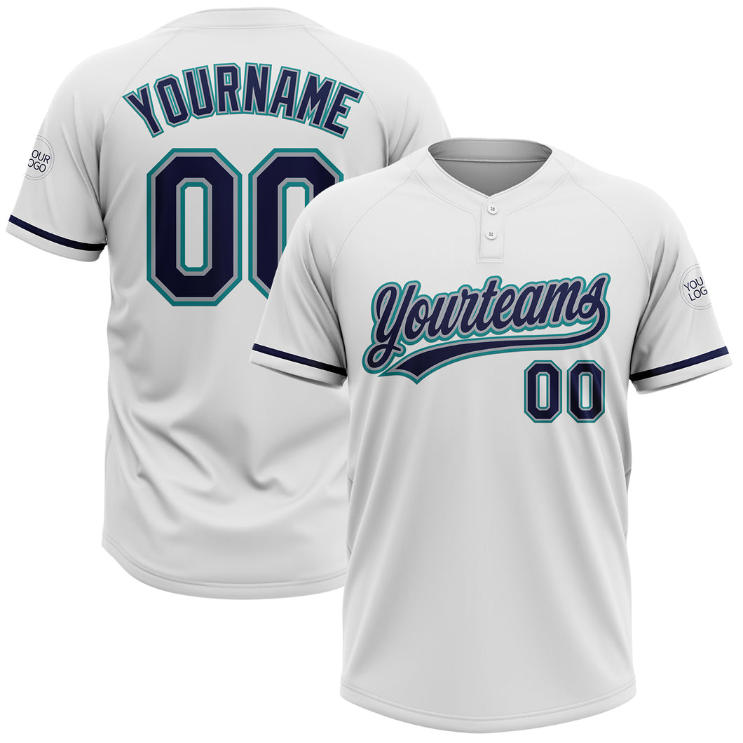 Custom White Navy Gray-Teal Two-Button Unisex Softball Jersey