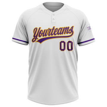 Custom White Purple-Gold Two-Button Unisex Softball Jersey