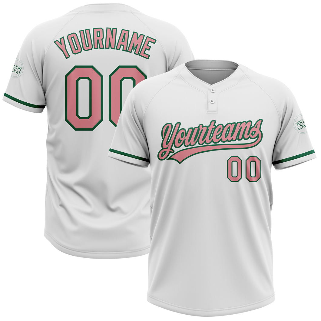 Custom White Medium Pink-Kelly Green Two-Button Unisex Softball Jersey