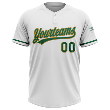 Custom White Kelly Green-Old Gold Two-Button Unisex Softball Jersey