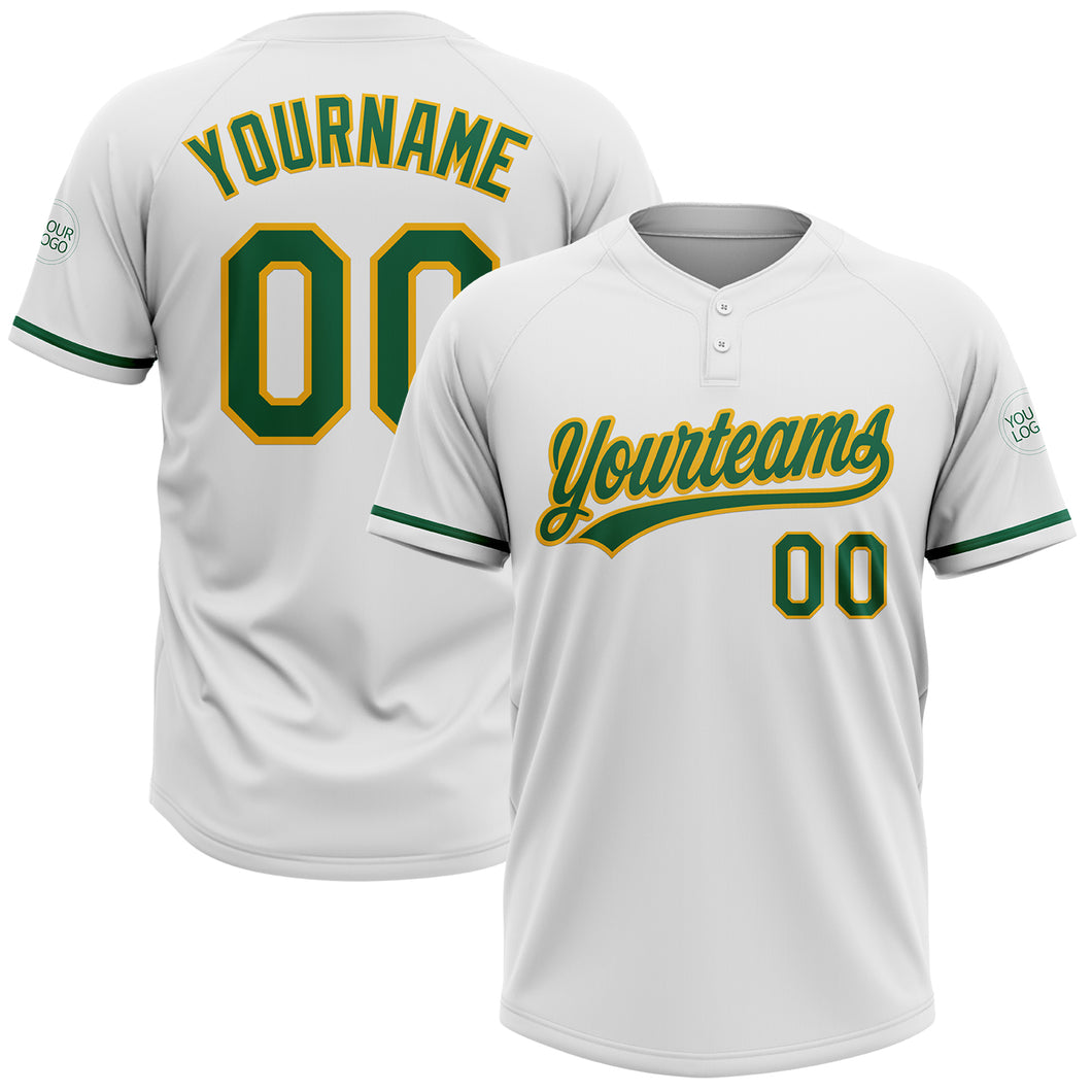 Custom White Kelly Green-Gold Two-Button Unisex Softball Jersey