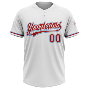 Custom White Red-Light Blue Two-Button Unisex Softball Jersey