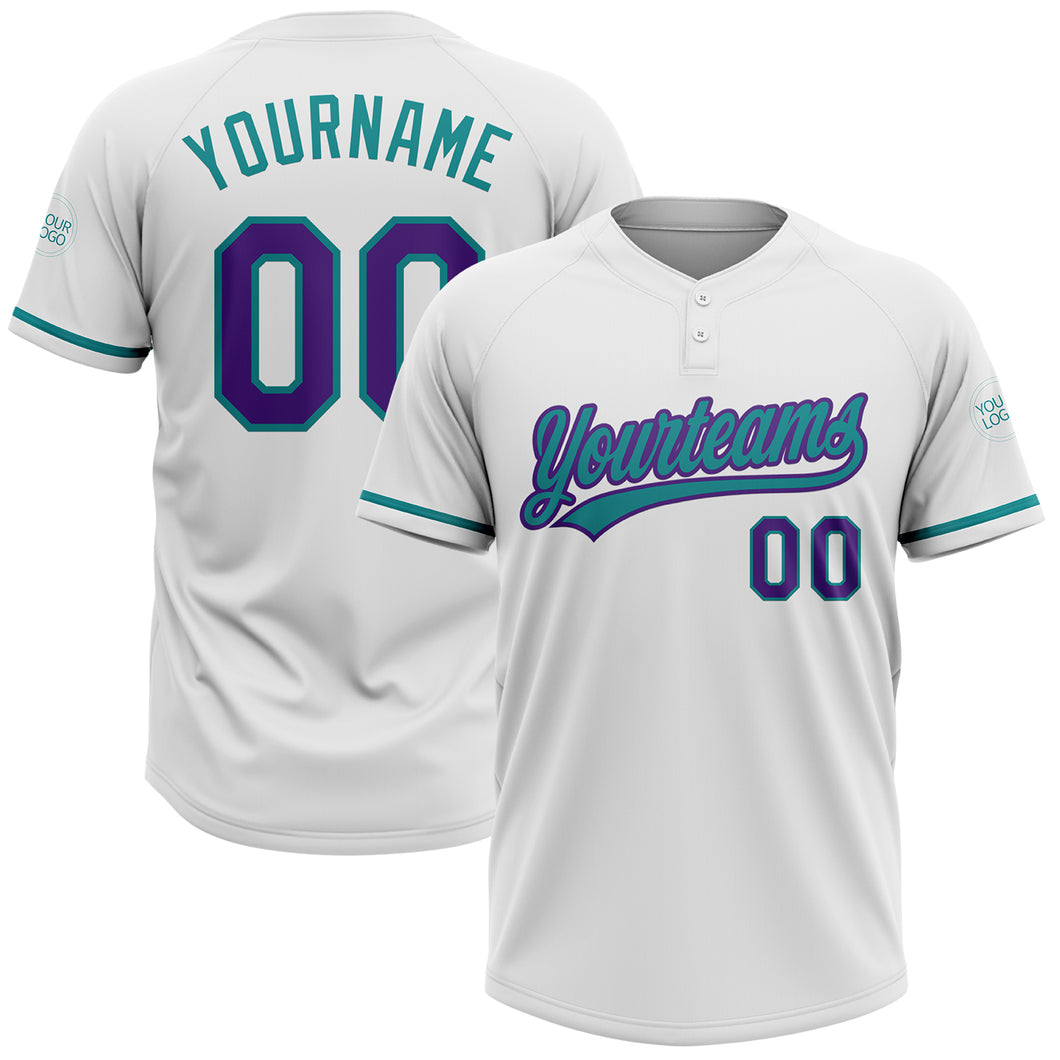 Custom White Purple-Teal Two-Button Unisex Softball Jersey