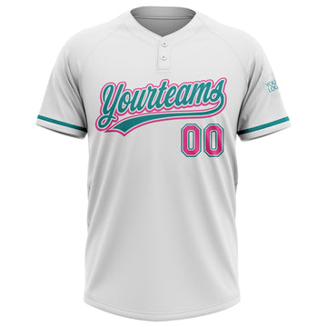 Custom White Pink-Teal Two-Button Unisex Softball Jersey