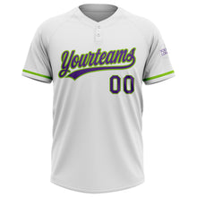 Загрузить изображение в средство просмотра галереи, Custom White Purple-Neon Green Two-Button Unisex Softball Jersey
