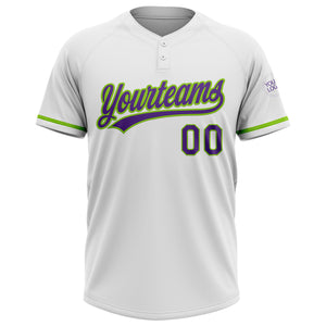 Custom White Purple-Neon Green Two-Button Unisex Softball Jersey