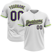 Charger l&#39;image dans la galerie, Custom White Purple-Neon Green Two-Button Unisex Softball Jersey
