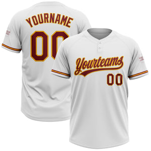 Custom White Crimson-Gold Two-Button Unisex Softball Jersey