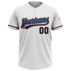 Custom White Black Electric Blue-Orange Two-Button Unisex Softball Jersey