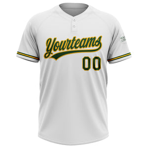 Custom White Green-Gold Two-Button Unisex Softball Jersey