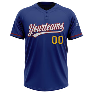 Custom Royal Yellow-Crimson Two-Button Unisex Softball Jersey