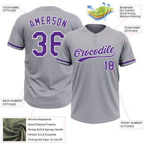 Custom Gray Purple-White Two-Button Unisex Softball Jersey