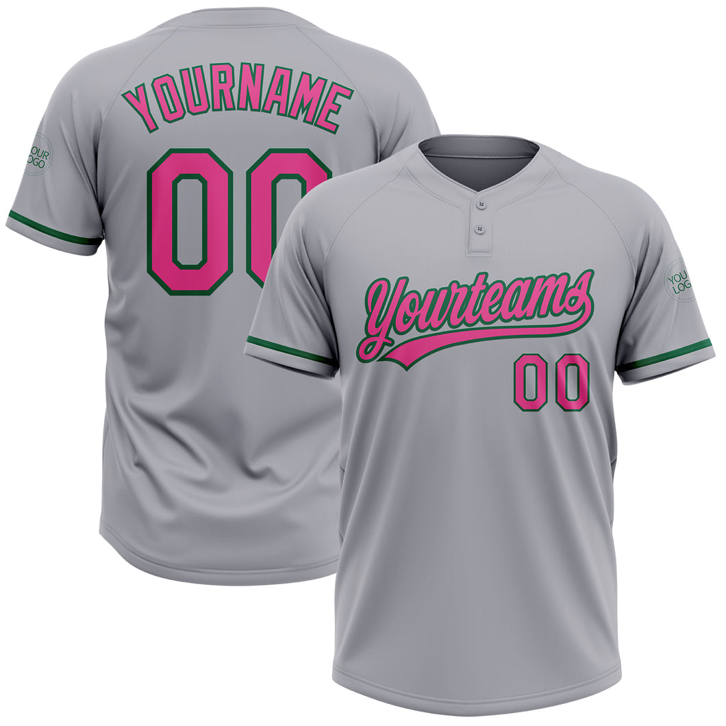 Custom Gray Pink-Kelly Green Two-Button Unisex Softball Jersey