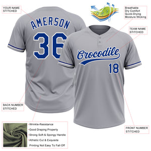 Custom Gray Royal-White Two-Button Unisex Softball Jersey