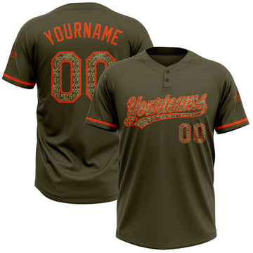 Custom Olive Camo-Orange Salute To Service Two-Button Unisex Softball Jersey