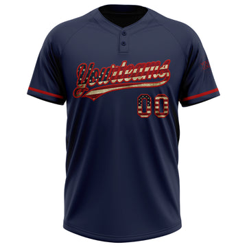 Custom Navy Vintage USA Flag-Red Two-Button Unisex Softball Jersey