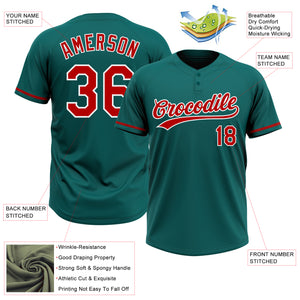 Custom Teal Red-White Two-Button Unisex Softball Jersey