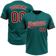 Load image into Gallery viewer, Custom Teal Red-White Two-Button Unisex Softball Jersey
