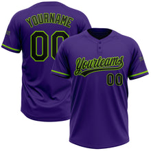 Load image into Gallery viewer, Custom Purple Black-Neon Green Two-Button Unisex Softball Jersey
