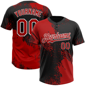 Custom Red Black-White 3D Pattern Abstract Brush Stroke Two-Button Unisex Softball Jersey