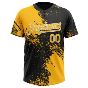 Custom Gold Black-White 3D Pattern Abstract Brush Stroke Two-Button Unisex Softball Jersey