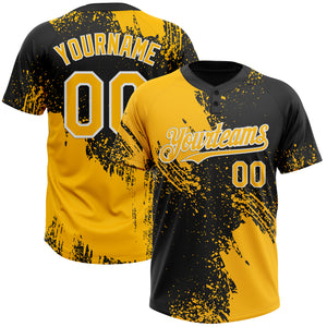 Custom Gold Black-White 3D Pattern Abstract Brush Stroke Two-Button Unisex Softball Jersey