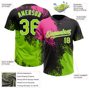 Custom Black Neon Green-Pink 3D Pattern Abstract Brush Stroke Two-Button Unisex Softball Jersey