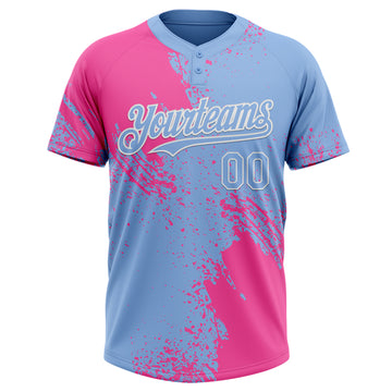 Custom Pink Light Blue-White 3D Pattern Abstract Brush Stroke Two-Button Unisex Softball Jersey