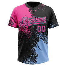 Laden Sie das Bild in den Galerie-Viewer, Custom Black Pink-Light Blue 3D Pattern Abstract Brush Stroke Two-Button Unisex Softball Jersey
