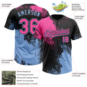 Custom Black Pink-Light Blue 3D Pattern Abstract Brush Stroke Two-Button Unisex Softball Jersey