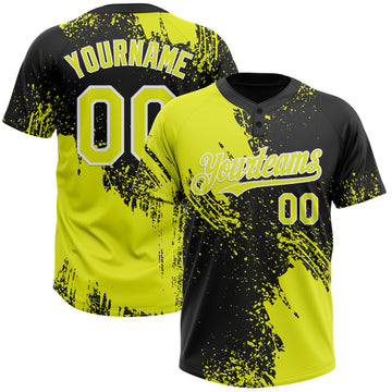 Custom Black Neon Yellow-White 3D Pattern Abstract Brush Stroke Two-Button Unisex Softball Jersey