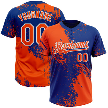 Custom Orange Royal-White 3D Pattern Abstract Brush Stroke Two-Button Unisex Softball Jersey