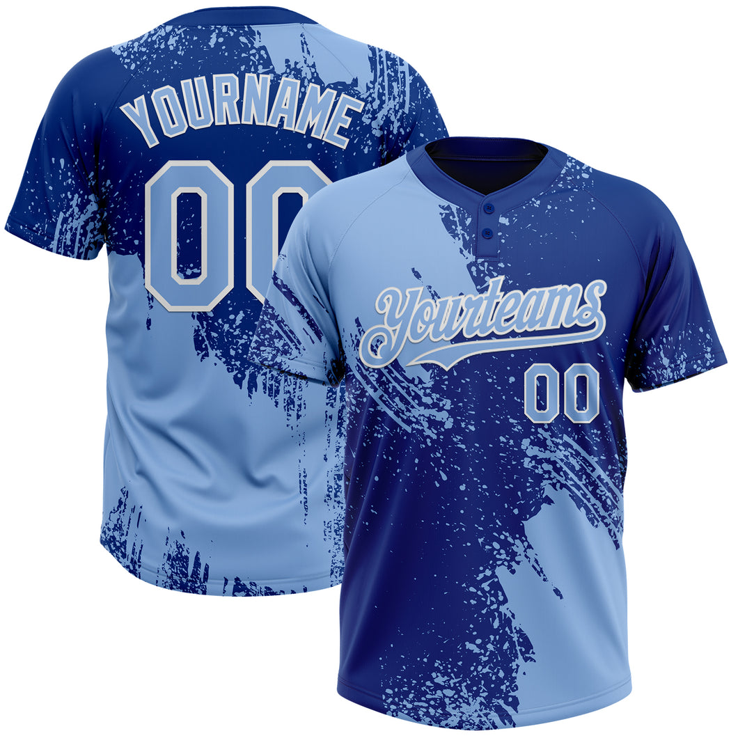 Custom Light Blue Royal-White 3D Pattern Abstract Brush Stroke Two-Button Unisex Softball Jersey