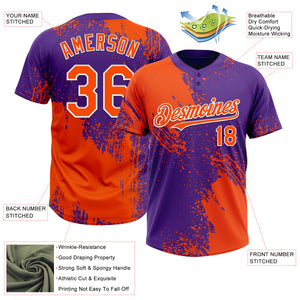 Custom Orange Purple-White 3D Pattern Abstract Brush Stroke Two-Button Unisex Softball Jersey